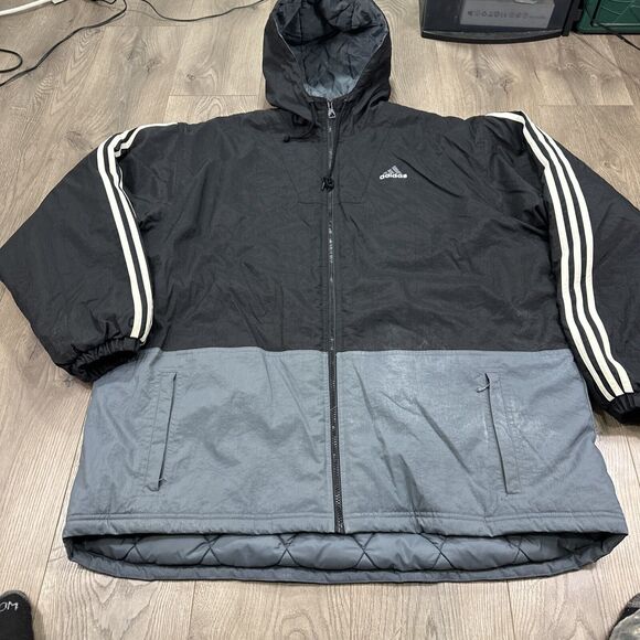 Vintage Adidas Black Gray Winter Hooded Oversized Quilted Jacket Mens Size XL - Picture 3 of 10